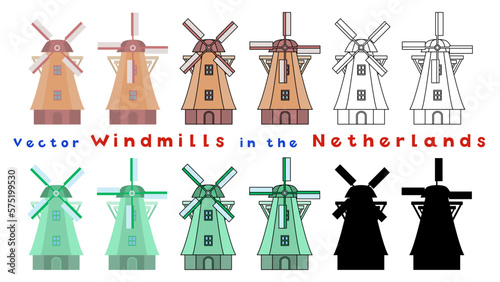 オランダの風車のイラスト素材セット。フラットなイラスト、線画、シルエット。ベクターイラスト。
Windmills in the Netherlands. Flat illustrations, line drawings and silhouettes. Vector illustration material set.