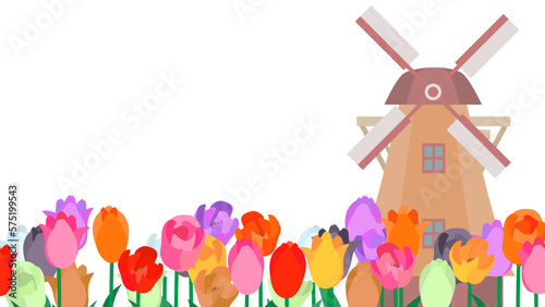 オランダの風車とチューリップの背景フレーム素材。フラットなベクターイラスト。
Background frame of a windmill in the Netherlands with tulips. Flat designed vector illustration.
