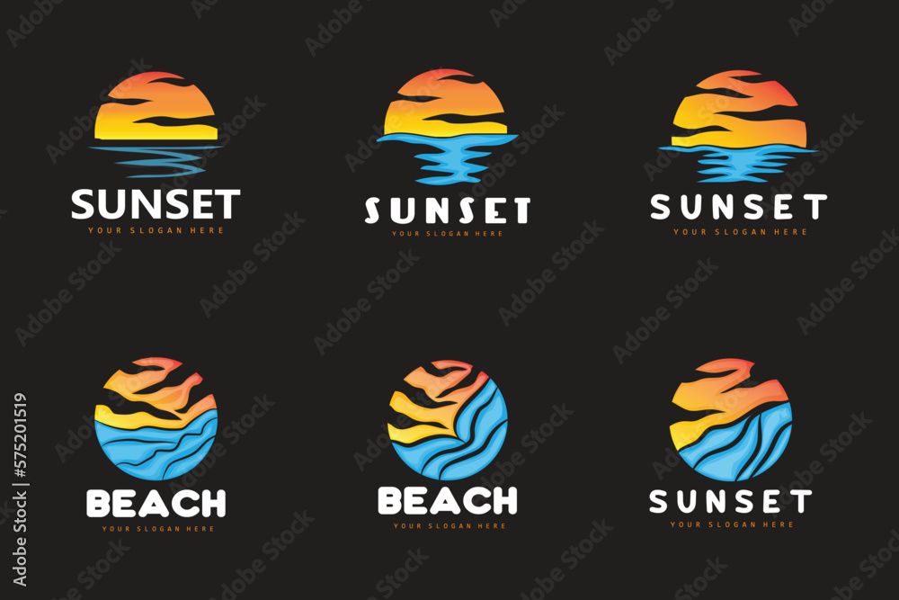 Sunset Logo, Beach Design, River And Sun Illustration, Vector Enjoying The Twilight