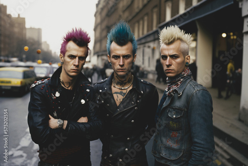 Three British punk rock men with colorful mohawk hair style and leather jackets. Generative AI photo