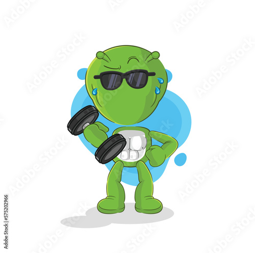 alien lifting dumbbell vector. cartoon character