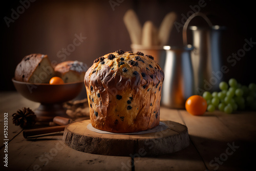 Homemade Italian panettone on rustic wooden table. Traditional Christmas cake with candied fruits. AI generated