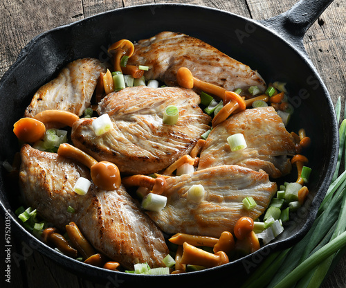 Grilled juicy chicken breasts with mushrooms in a frying pan
