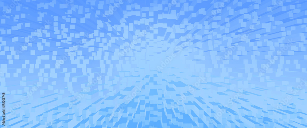 Naklejka premium Geometric effect of many parallelepipeds on plane. Portal of blue cyan colors. Fantastic future design background image with many lines and squares in digital space. Abstract backdrop of cyberspace.