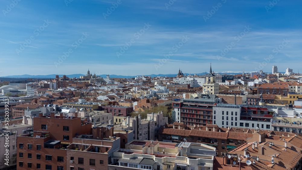 Madrid, Spain. April 17, 2022: Landscape with architecture and blue sky in the city.