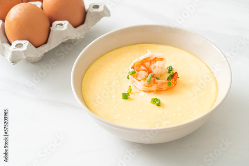 Steamed egg with shrimp and spring onions