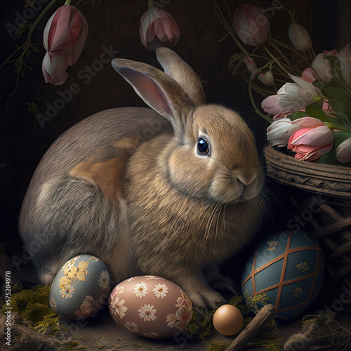 Digital painting of a rabbit with Easter eggs in its nest. Chiaroscuro light. Like an old painting. Generated by AI.