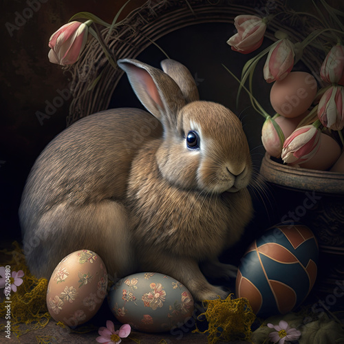 Digital painting of a rabbit with Easter eggs in its nest. Chiaroscuro light. Like an old painting. Generated by AI.