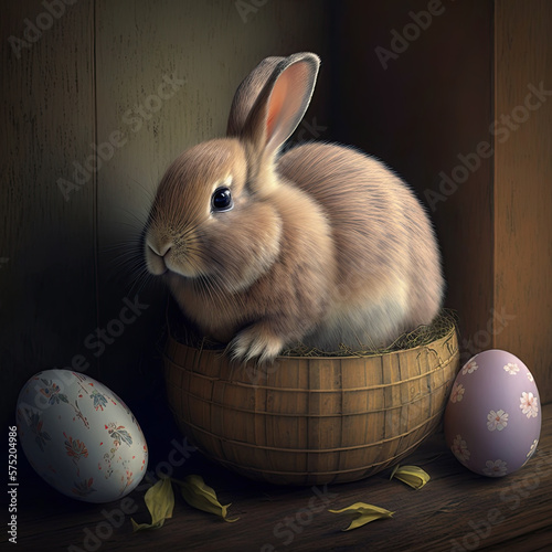 Digital painting of a rabbit with Easter eggs in its nest. Chiaroscuro light. Like an old painting. Generated by AI.