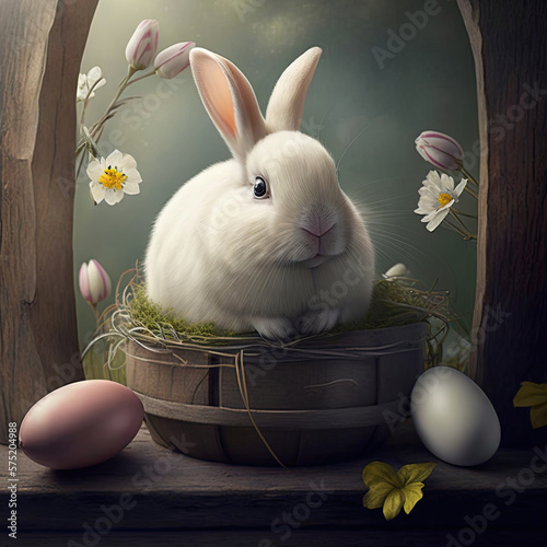 Digital painting of a rabbit with Easter eggs in its nest. Chiaroscuro light. Like an old painting. Generated by AI.