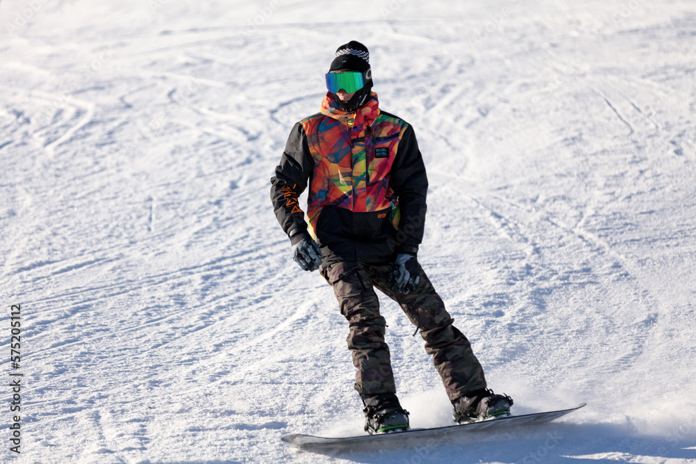 Snowboarder at Grandvalira station in Andorra