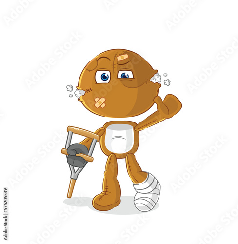sack doll sick with limping stick. cartoon mascot vector