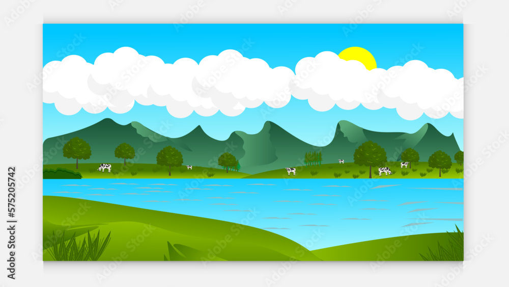 Green landscape with meadows, mountains and cow . lake and forest, nature landscape, vector background. vector illustration in flat design.