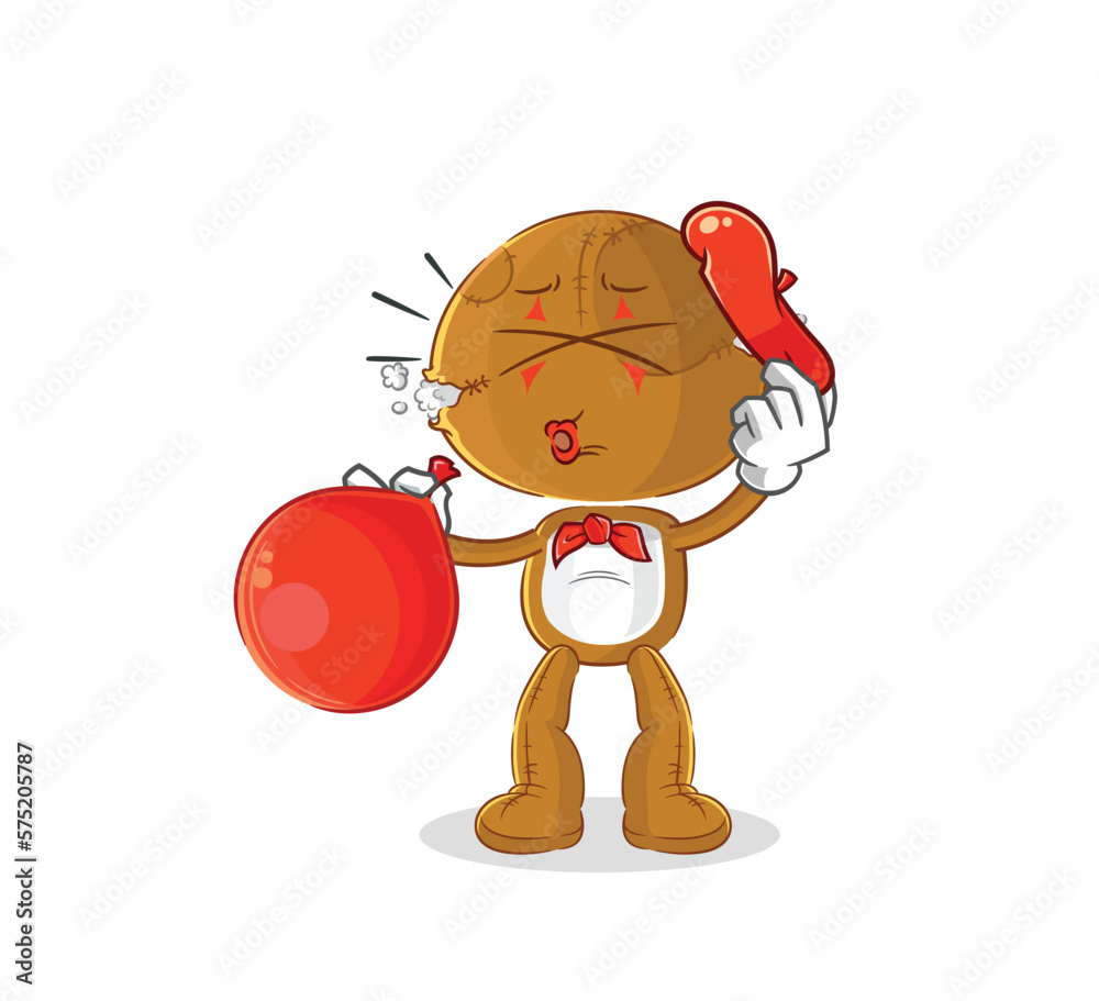 Fototapeta premium sack doll pantomime blowing balloon. cartoon mascot vector