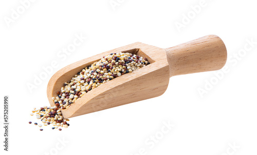 Pile of mixed raw quinoa in wood scoop isolated on transparent png photo