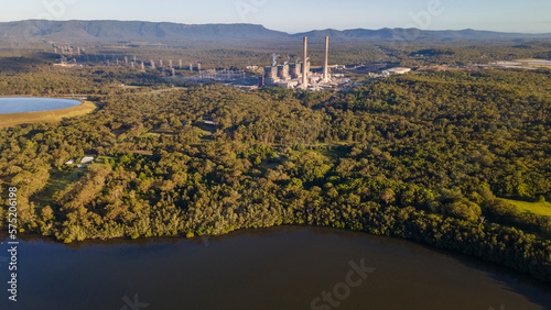 Aerial drone view of Eraring Power Station, Australia’s largest coal fired power station consisting of steam driven turbo alternators located at Eraring, NSW, Australia