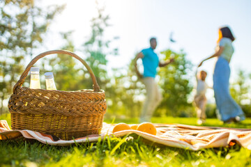 Happy international family enjoying picnic in nature