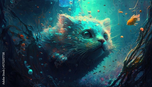 cat in uderwater illustration by generative AI photo