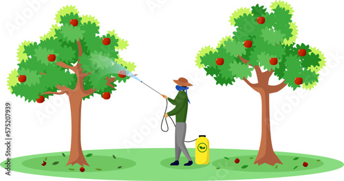 farmer sprays insecticide in apple orchard fieldsm apple farmer sparays pesticide in apple farm vector illustration, Farmer spraying apple tree illustration