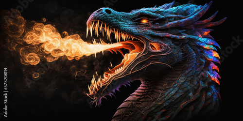 RGB dragon breathing fire. Mythology creature. Dark fantasy illustration. Generative AI © VertigoAI