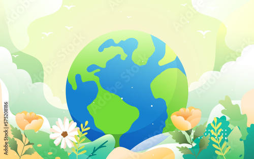 Earth hour  protect the earth s environment  with plants and clouds in the background  vector illustration