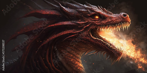 Red dragon breathing fire. Mythology creature. Dark fantasy illustration. Generative AI