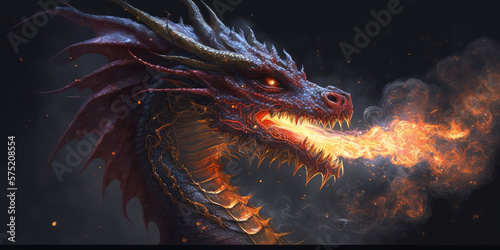 Red dragon breathing fire. Mythology creature. Dark fantasy illustration. Generative AI