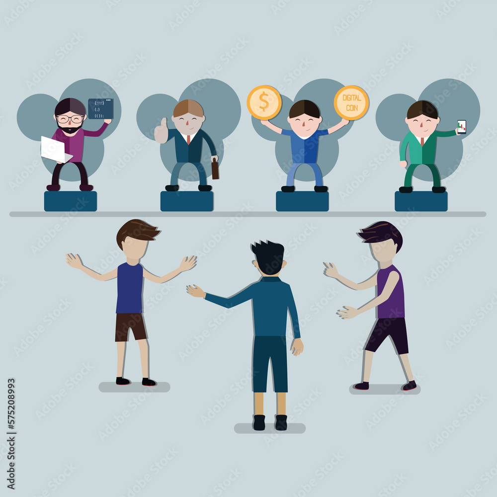 A group of boys stand and choose a job description - vector A group of boys stand and choose a job description - vector