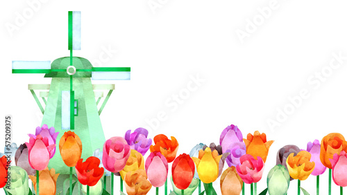 オランダの風車とチューリップの背景フレーム素材。水彩風イラスト。 Background frame of a windmill in the Netherlands with tulips. Watercolor style illustration.