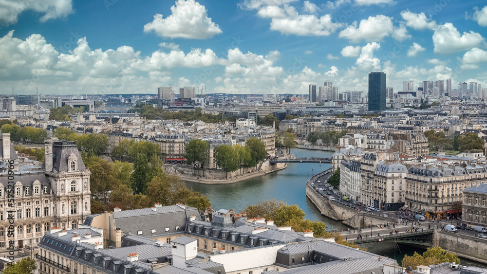     Paris, aerial view of the city hall, the Seine, monuments and buildings  
