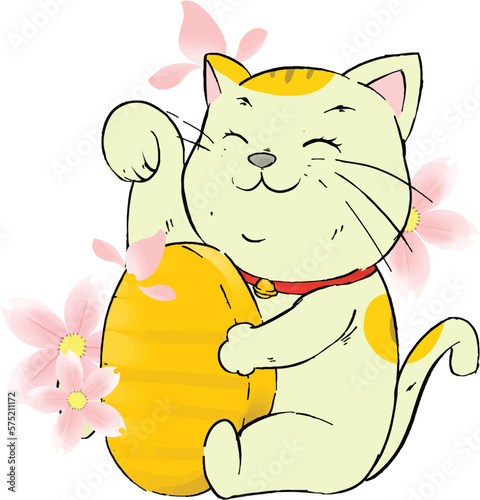 hand drawn illustration of lucky cat holding gold