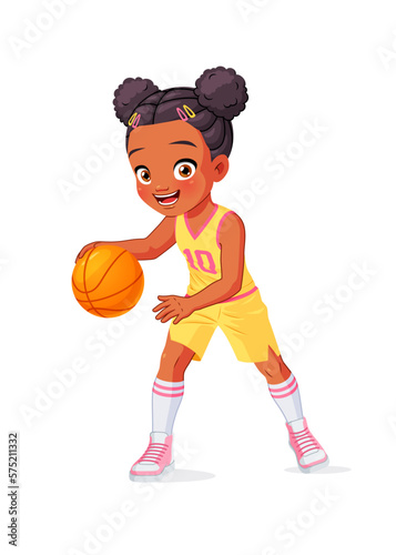 Cute little African American girl playing basketball. Cartoon vector illustration.