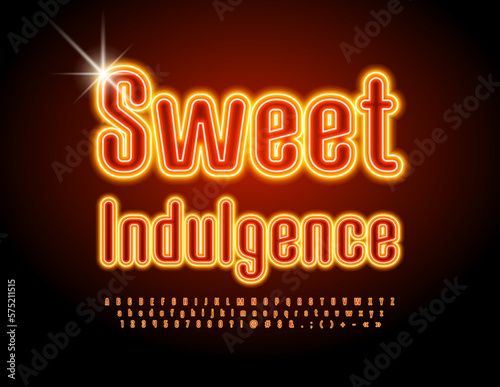 Vector creative template Sweet Indulgence with bright glowing Font. Neon light tube Alphabet Letters, Numbers and Symbols set