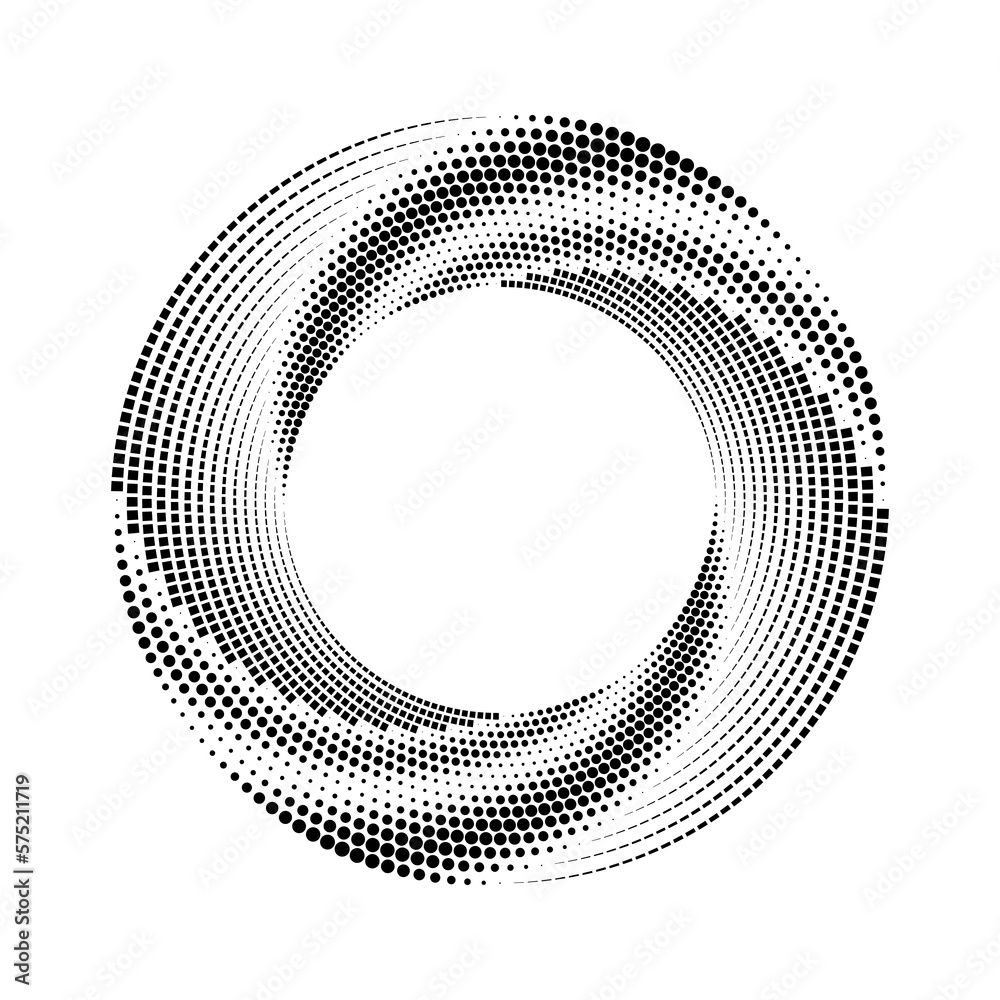 Black halftone doted lines in spiral form. Segmented circle. Helix. Geometric art. Circular shape. Trendy design element for border frame, round logo, tattoo, sign, symbol, web pages, print