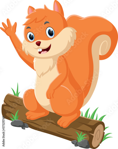 Cartoon funny squirrel on log wood