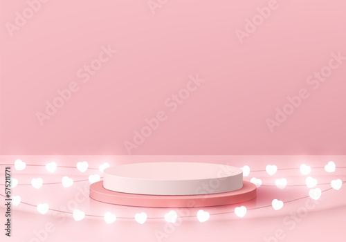 Valentine 3D background with realistic pink pedestal podium, Glow heart shape neon lightbulb. Minimal pastel wall scene mockup product display. Abstract geometric platforms. Stage showcase. Vector 3D.