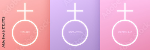Set of women female glowing neon sign background with pink, coral red and purple color. Women's international day design elements. Vector pastel minimal scene. Use for cover, template, poster, banner.