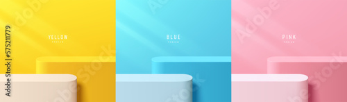 Set of 3d background with yellow, blue, pink and white round corner stand products podium. Pastel minimal wall scene mockup product display. Abstract geometric platforms design. Stage for showcase.