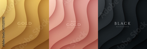 Set of abstract 3D waves ripples layers pattern on golden, pink gold, black background. Curve topography contour lines texture with light and shadow. Luxury and elegant template design. Vector EPS10.
