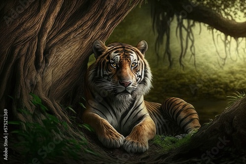closeup view of a gorgeous tiger resting on the green grass beneath the tree trunk Generative AI
