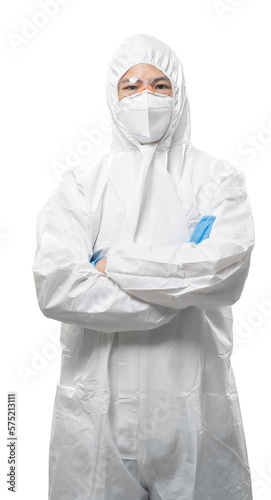 Worker wears medical protective suit or white coverall suit folded arm isolated on white photo