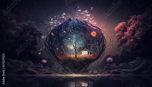 Fantasy Forest and cabin enclosed in a Pod, Fantasy Forest at night Concept, Luminous Flowers, Fireflies, Ai, Ai Generated