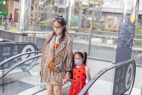 Mother and daughter with face mask on escalator indoors in shopping center, coronavirus concept. photo