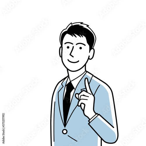 人差し指を挙げてワンポイント解説するスーツ姿の男性