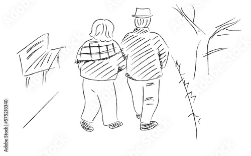 森で見かけた散歩中のシニアご夫妻　ラフスケッチ