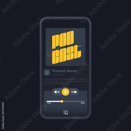 podcast app and player, mobile ui design, interface with phone mockup