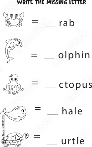 Worksheet for kids. Write the missing letter. Black and white sea animals.