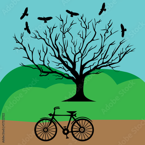Tree hill Bike with bird sky svg vector cut file cricut silhouette layered file design for t-shirts books sticker 
