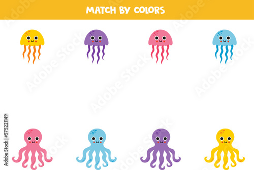 Color matching game for preschool kids. Match cute octopuses and jelly fish by colors.