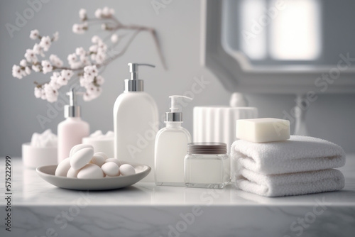 Cosmetic products for body care are displayed beautifully in elegant soft light in a white bathroom interior with a modern style. selective focus. Generative AI © kenchiro168